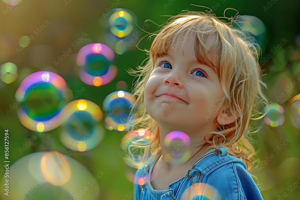A joyful child with a happy face playing with soap bubbles, capturing the essence of childhood fun. A joyful child with a happy face playing with soap bubbles, capturing the essence of childhood fun.
