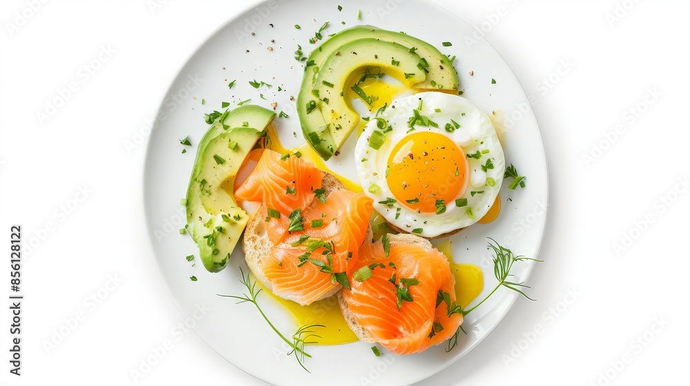 Delicious Breakfast Plate with Smoked Salmon, Avocado, and Fried Egg Delicious Breakfast Plate with Smoked Salmon, Avocado, and Fried Egg