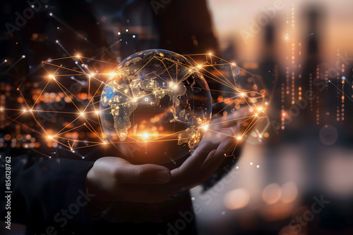 Businessman use one hand to hold digital earth with global network and connectivity concept