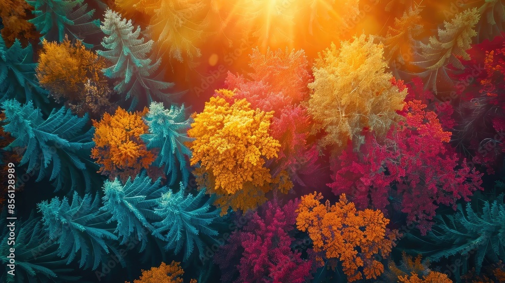 Obraz premium Vibrant aerial view of multi-colored forest, showcasing autumn foliage in warm sunlight, creating a vibrant and colorful nature scene.