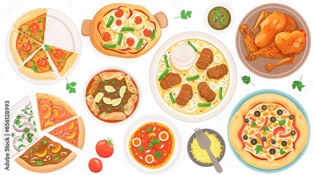 A Variety of Delicious Food Items in a Flat Design Style A Variety of Delicious Food Items in a Flat Design Style