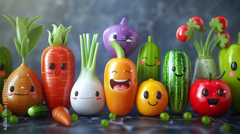 A group of cheerful cartoon vegetables with happy faces stand together on a table. A group of cheerful cartoon vegetables with happy faces stand together on a table.