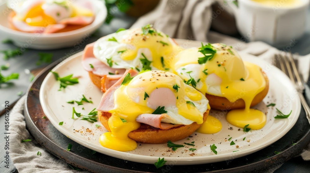 Three Delicious Eggs Benedict with Hollandaise Sauce Three Delicious Eggs Benedict with Hollandaise Sauce