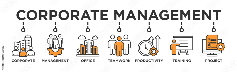 Corporate management banner web icon illustration concept with icon of corporate, management, office, teamwork, productivity, training and project