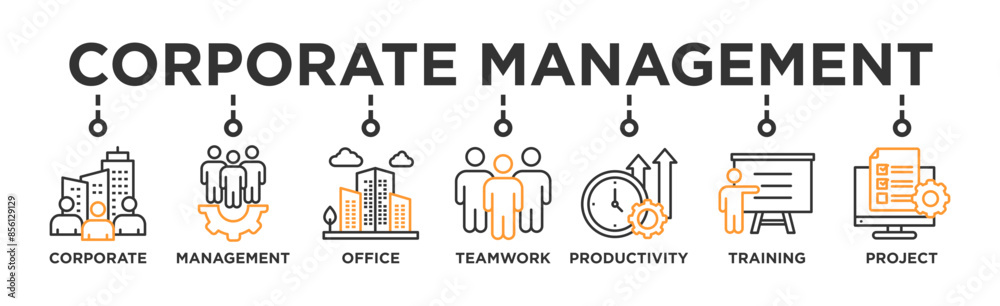 Corporate management banner web icon illustration concept with icon of corporate, management, office, teamwork, productivity, training and project Corporate management banner web icon illustration concept with icon of corporate, management, office, teamwork, productivity, training and project