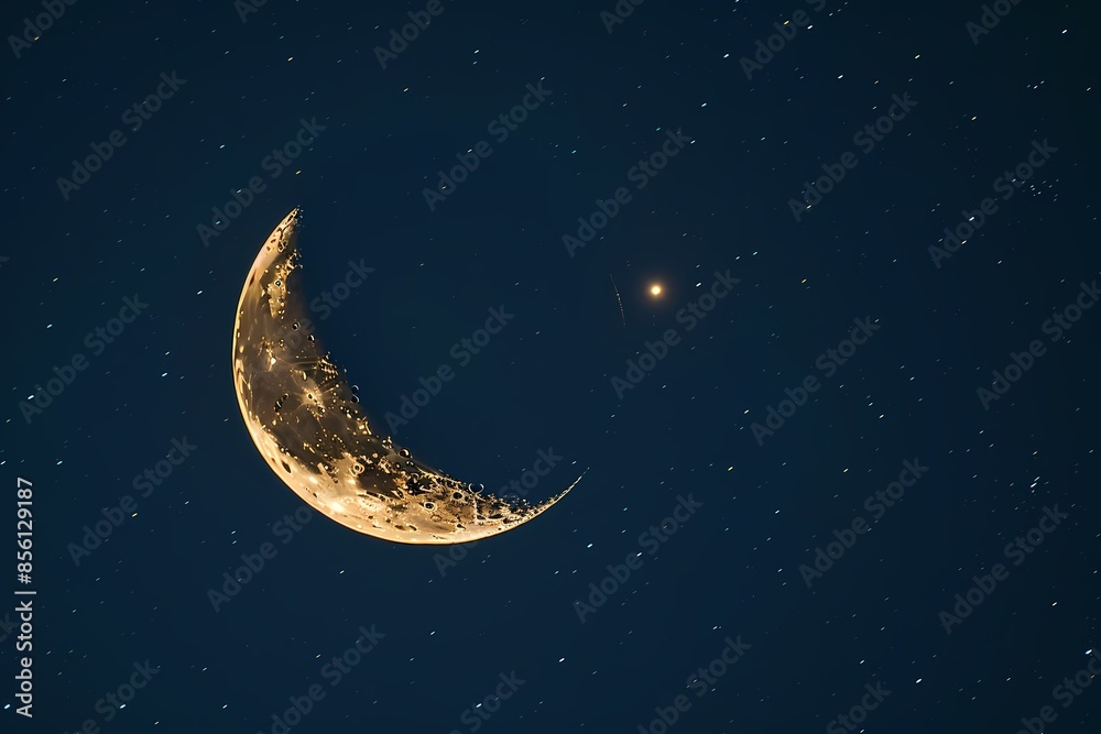 Naklejka premium A crescent moon hanging in a clear night sky with a single star shining brightly next to it. Minimalist design, 