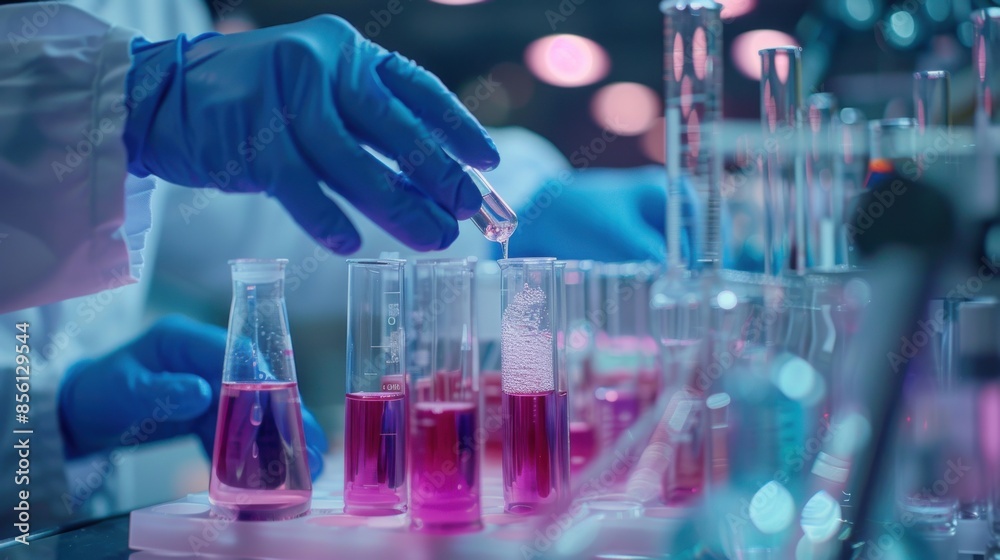 A scientist is pouring a pink liquid into a beaker A scientist is pouring a pink liquid into a beaker