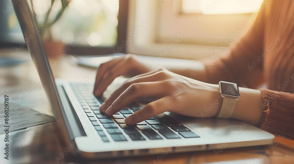 Focused woman working on laptop in home office or remote workspace Focused woman working on laptop in home office or remote workspace