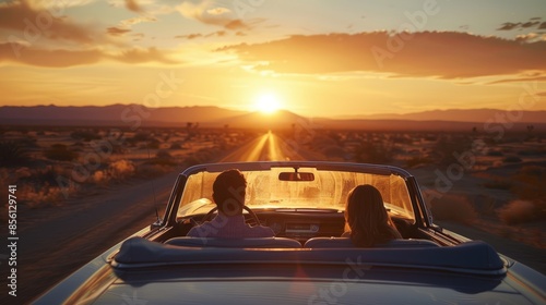 Fototapeta Naklejka Na Ścianę i Meble -  A couple is driving a convertible car on a road at sunset