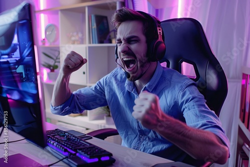 A young male gamer celebrates victory in an online game, sitting with headphones and a microphone