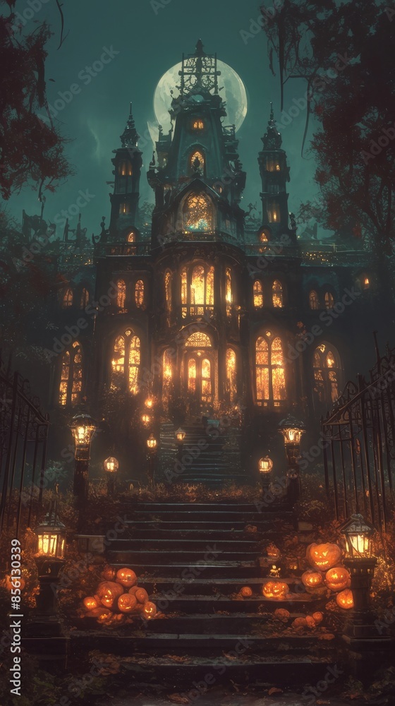 Enchanted Haunted Manor - Surreal Fantasy Scene with Cobwebs, Flickering Candles, and Eerie Shadows in Low-Angle Shot