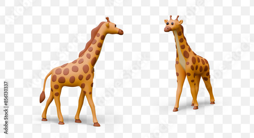 Set of cute giraffes in plasticine style. Tall wild herbivore. Spotted animal of savannah