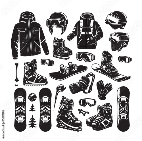 Wallpaper Mural Snowboarding elements silhouette, Snowboarding elements, Snowboard silhouette, Snowboarding equipment vector set, Snowboarding vector set. Torontodigital.ca