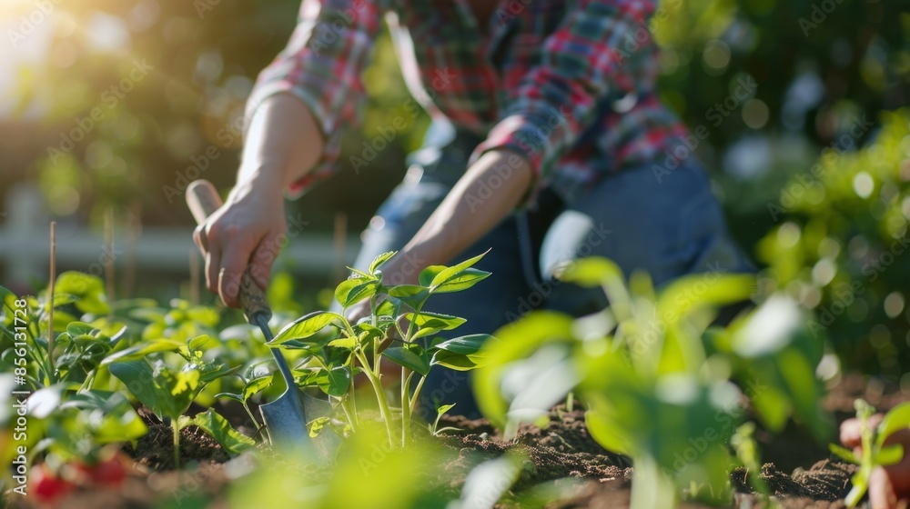 Happy Gardener Tending to New Garden with Gardening Tool, Enjoying Outdoors Blissfully Happy Gardener Tending to New Garden with Gardening Tool, Enjoying Outdoors Blissfully