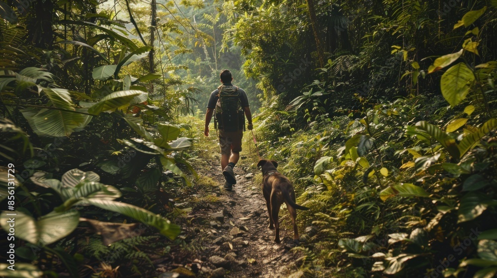 A man hiking through a lush forest trail with his dog. A man hiking through a lush forest trail with his dog.