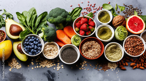 Healthy food clean eating selection: fruit, vegetable, seeds, superfood, cereal, leaf vegetable on gray concrete background. Banner concept 