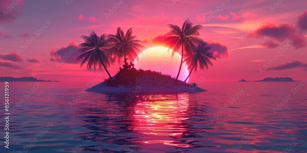 Tropical Island Sunset With Palm Trees and Pink Sky Tropical Island Sunset With Palm Trees and Pink Sky