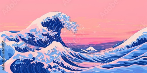 Digital Illustration of the Great Wave off Kanagawa With a Pink Sky