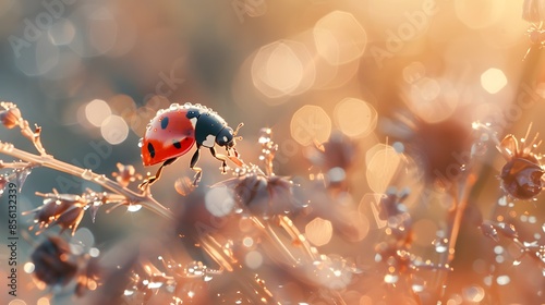 Ladybird resting on a leaf and grass blade