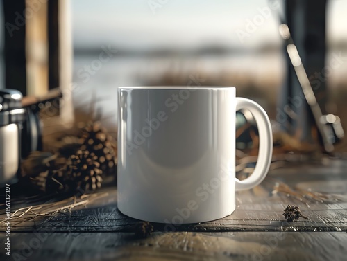 White ceramic mug on rustic wooden table with fall foliage. photo