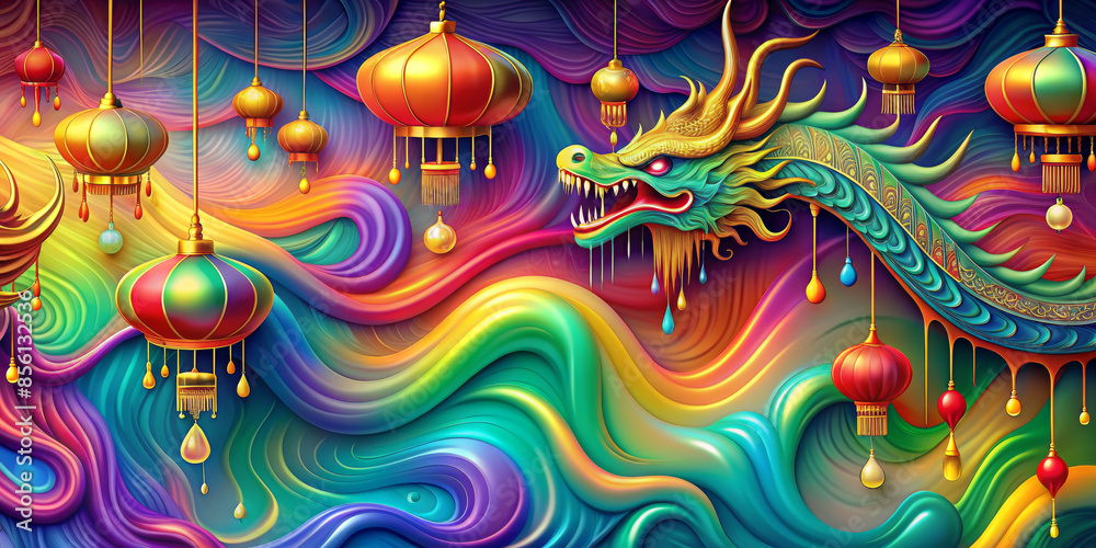 Vibrant Chinese dragon is represented by swirling colorful patterns the background that mimic the texture of flowing silk.Traditional Chinese lanterns hang in the air,creating a festive atmospher.AI Vibrant Chinese dragon is represented by swirling colorful patterns the background that mimic the texture of flowing silk.Traditional Chinese lanterns hang in the air,creating a festive atmospher.AI