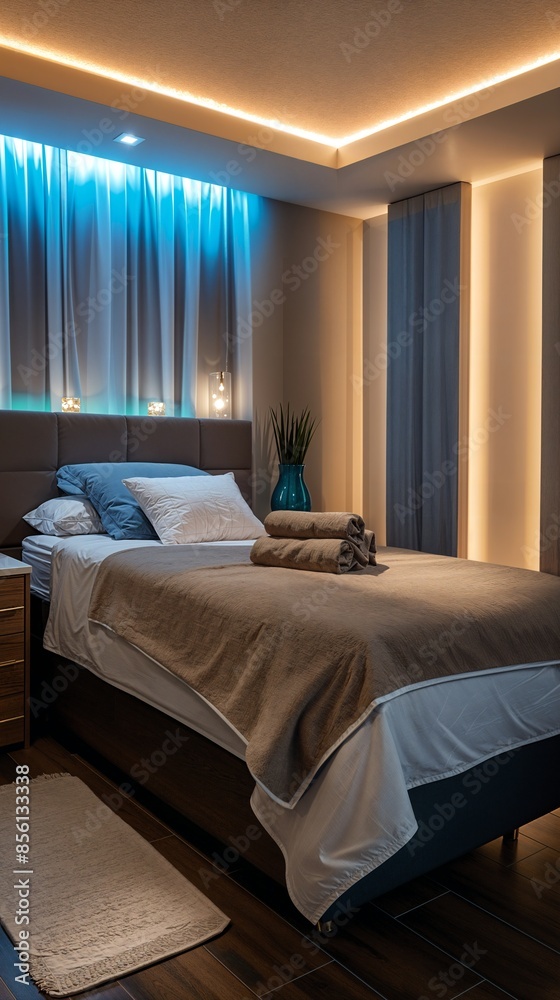 a bedroom with a bed and a night stand a bedroom with a bed and a night stand