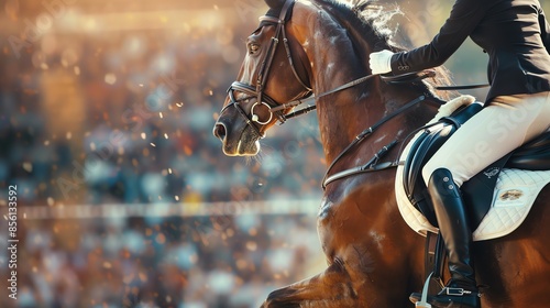 A rider on a chestnut horse leaps over an obstacle in a competition, with the crowd blurred in the background.