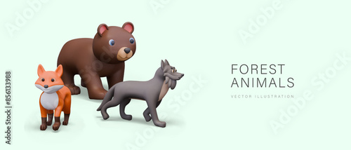 Concept of forest animals in plasticine 3D style. Brown bear, gray wolf, red fox