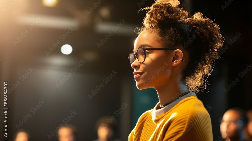 Student standing in front of a panel of professors, confident and poised, dramatic lighting, bottom third copy space Student standing in front of a panel of professors, confident and poised, dramatic lighting, bottom third copy space