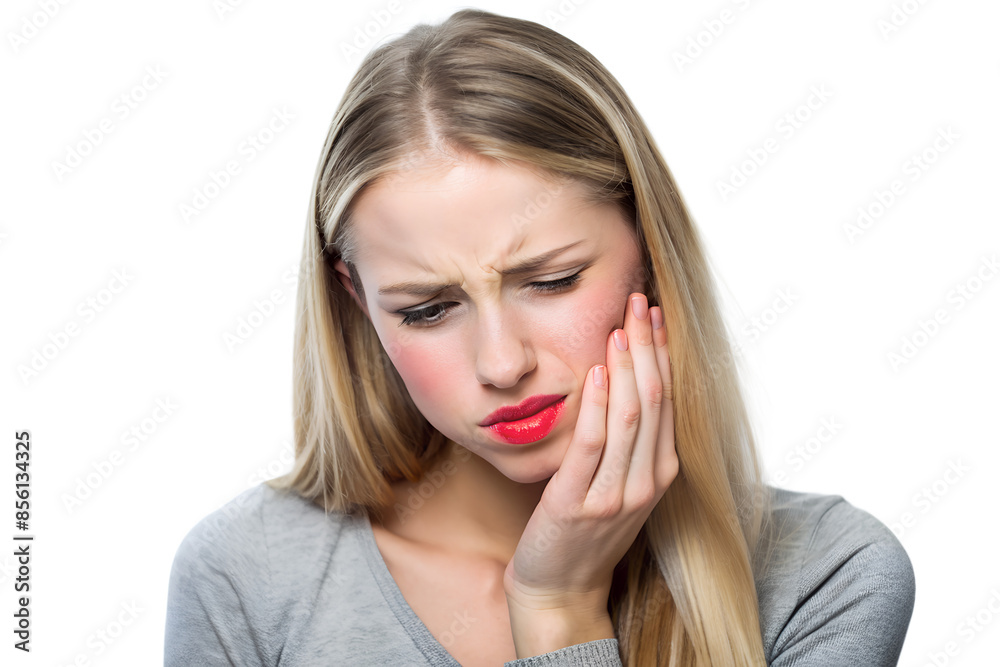 Woman experiencing severe toothache at home,
displaying pain and discomfort isolated on white background Woman experiencing severe toothache at home,
displaying pain and discomfort isolated on white background