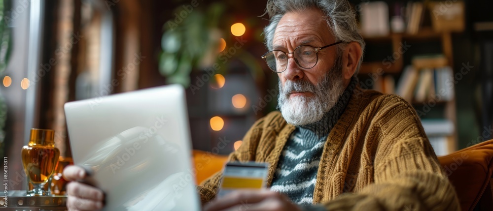 Aged ebank client. Close up view of older man retiree holding credit plastic card paying bills on laptop online buying goods using ecommerce web app. Senior male customer make internet payment via pc Aged ebank client. Close up view of older man retiree holding credit plastic card paying bills on laptop online buying goods using ecommerce web app. Senior male customer make internet payment via pc