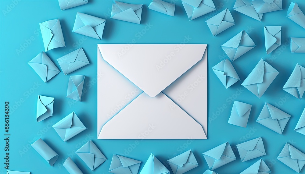 Top view of multiple blue envelopes and a central white envelope on a blue background, symbolizing communication and correspondence. Top view of multiple blue envelopes and a central white envelope on a blue background, symbolizing communication and correspondence.