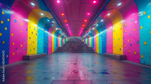 A colorful tunnel with a rainbow of colors and a lot of dots. The tunnel is very long and has a lot of stairs photo