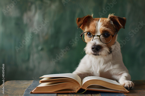 A cute dog wearing glasses, studying at a table with an opened book over a green background. Suitable for educational, back to school, or studying-related content.