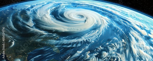 Aerial view of a massive hurricane forming over the ocean, showcasing the power and beauty of natural disasters from space. photo