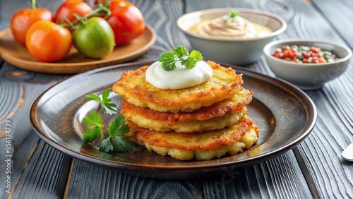 Plate of crispy draniki potato pancakes served with sour cream, apple sauce, and caviar , Belarusian cuisine, traditional food