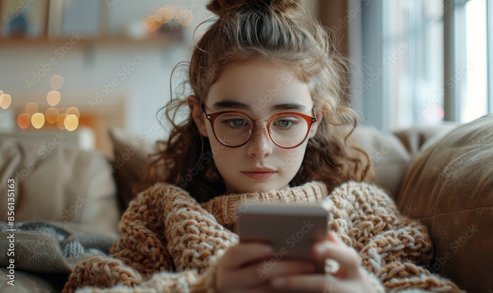 Focused gen Z teenage schoolkid girl in glasses using online educational application on smartphone, relaxing on sofa, enjoying Internet technology, leisure with digital gadget at home Focused gen Z teenage schoolkid girl in glasses using online educational application on smartphone, relaxing on sofa, enjoying Internet technology, leisure with digital gadget at home