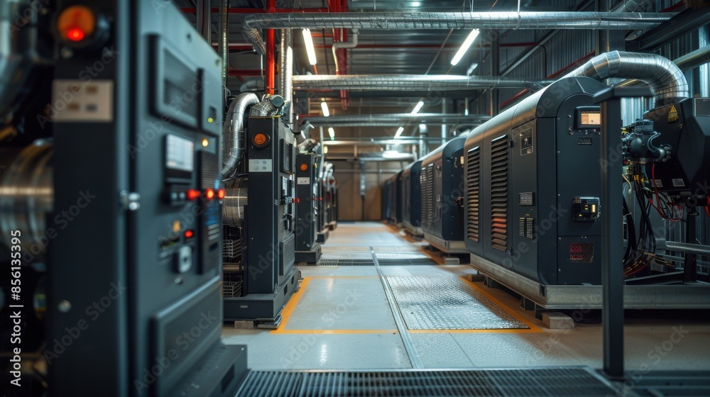 A large industrial building with many machines and a yellow line on the floor