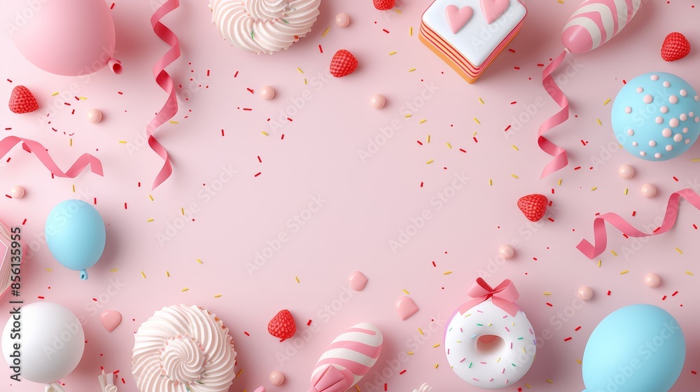 Monochromatic cartoon flat design of anniversary points background, top view birthday theme, with streamers, balloons, cakes, and presents, festive and lively layout Monochromatic cartoon flat design of anniversary points background, top view birthday theme, with streamers, balloons, cakes, and presents, festive and lively layout