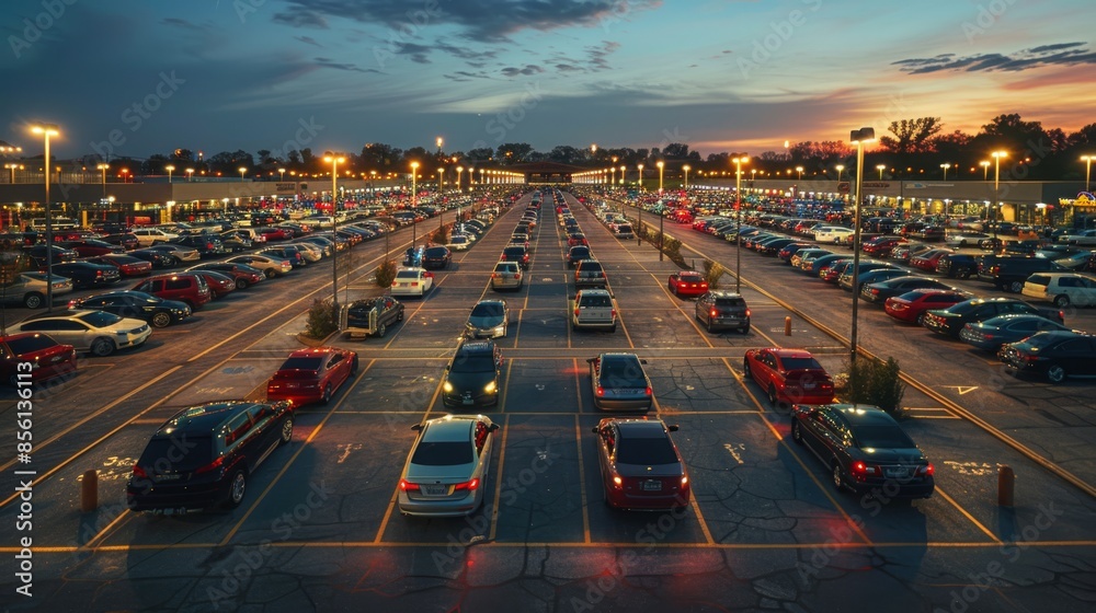 Aerial view of a large outdoor parking lot filled with cars at sunset. Photography for transportation and urban design