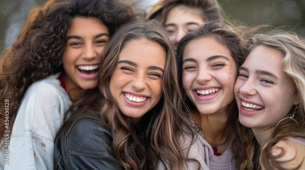 A group of four young women laughing together outdoors. They are all smiling brightly and appear to be enjoying each others company A group of four young women laughing together outdoors. They are all smiling brightly and appear to be enjoying each others company