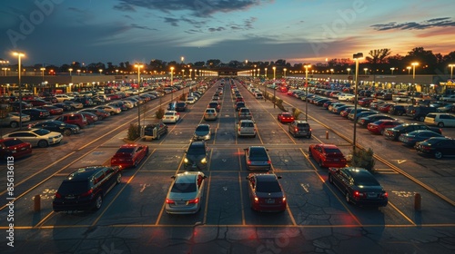 Aerial view of a large outdoor parking lot filled with cars at sunset. Photography for transportation and urban design