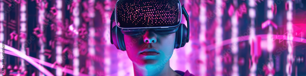 A person wearing a VR headset stands in front of a background of neon lights A person wearing a VR headset stands in front of a background of neon lights