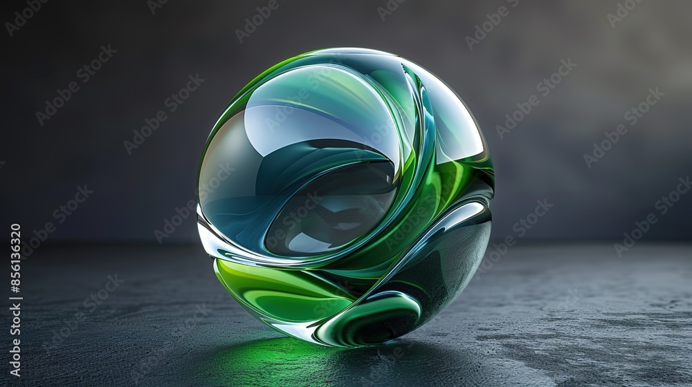 3d render with abstract glass and metal sphere with wavy curved shape ...