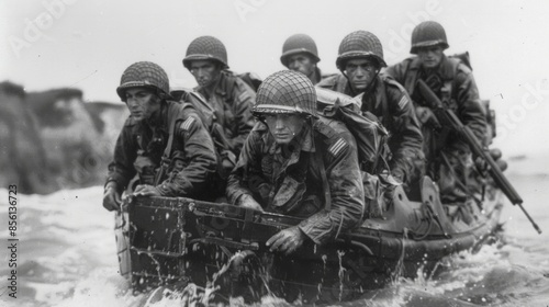 American soldiers navigating choppy waters in a landing craft during the d day invasion of normandy in world war ii photo