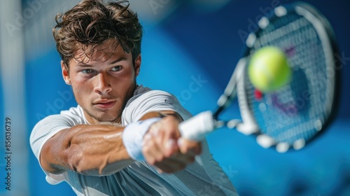 A man is playing tennis and swinging his racket photo