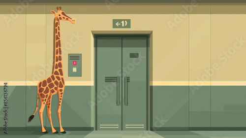 A giraffe stands patiently by an elevator, its long neck reaching toward the ceiling. The elevator doors are closed, and a sign above indicates the direction of the first floor