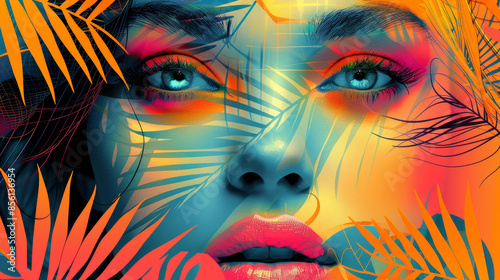 A vibrant and surreal portrait of a face with intense blue eyes, blending with colorful abstract patterns and tropical leaves. © dragonflypor9