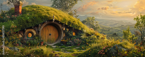 A hobbit living in a cozy hole in the side of a hill, smoking a pipe and enjoying a pint of ale. photo