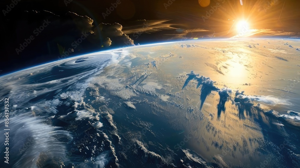Stunning view of Earth from space with serene blue oceans and the glowing sun on the horizon, showcasing the beauty of our planet. Stunning view of Earth from space with serene blue oceans and the glowing sun on the horizon, showcasing the beauty of our planet.